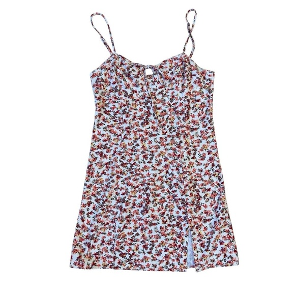 Red Pink Orange Mini Smocked Floral Spaghetti Strap Dress Medium - Picture 1 of 11